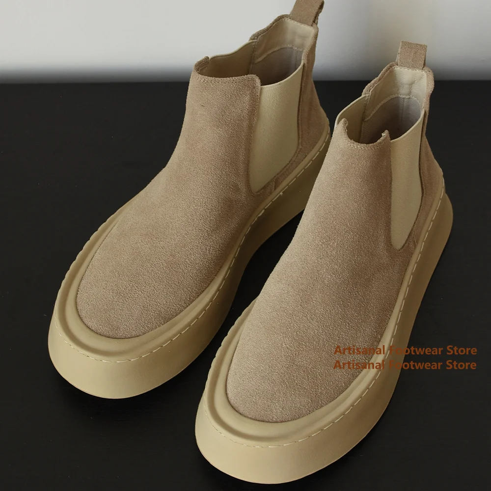 

Thick-Soled Chelsea Boots for Men Elastic Band Suede High-Top Shoes British Style New In Trendy Handmade Cowhide Men's Shoes