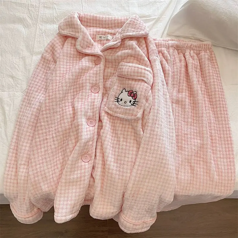 Anime Hello Kittys Coral Velvet Plaid Pajamas Women Autumn Winter Kawaii Velvet Thickened Warm Sweet Homewear Set Girl Sleepwear