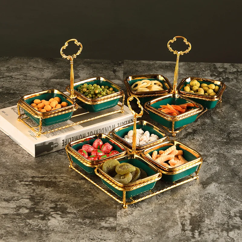 Northern Europe Dark Green Snack Platter Ceramics Dried Fruit Bowl with Metal Base Double Layer Plate Tableware