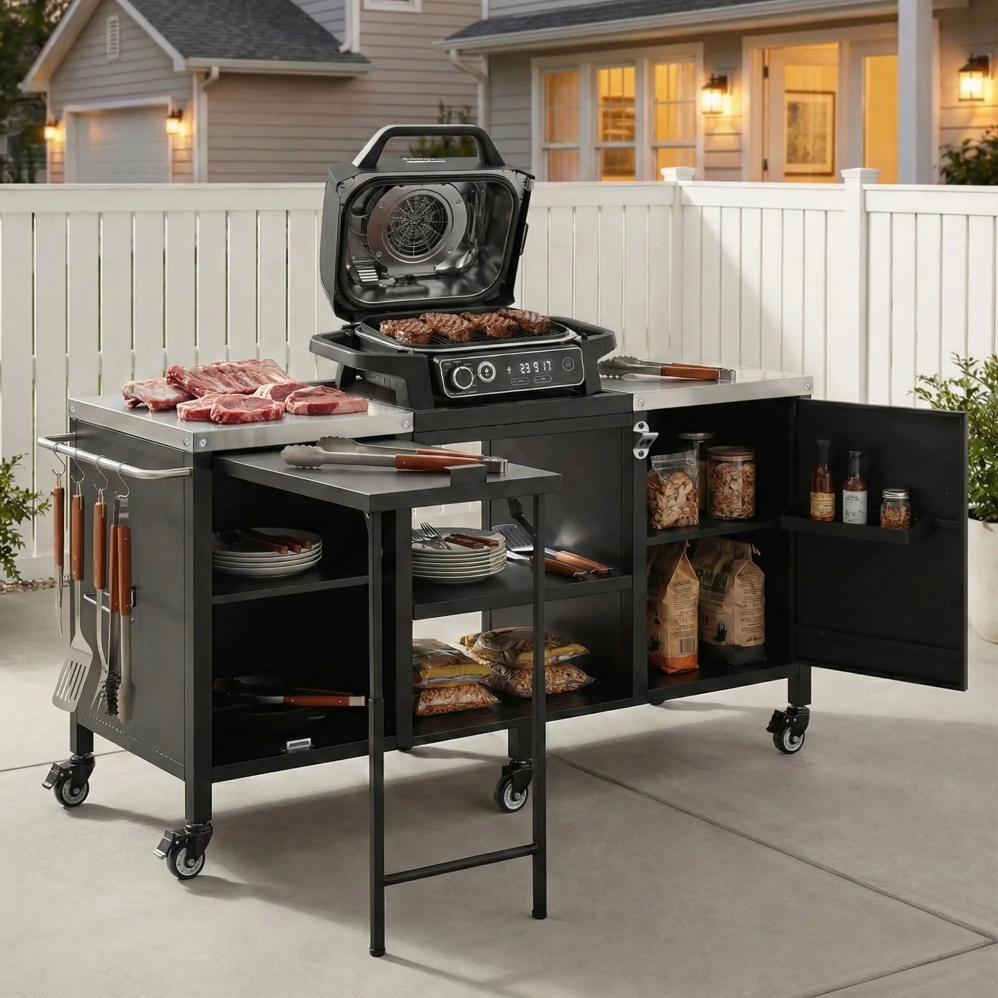 #Modern Waterproof Portable Metal Outdoor Grill Cart Fold-out Prep Table Adjustable Shelves Spice Rack Outdoor Kitchen