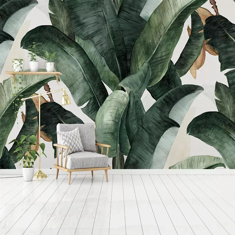 Customized product 3D Wallpaper Home Decor Retro Nostalgic Pastoral Hand Painted Banana Leaves Living Room mural dark green leaf