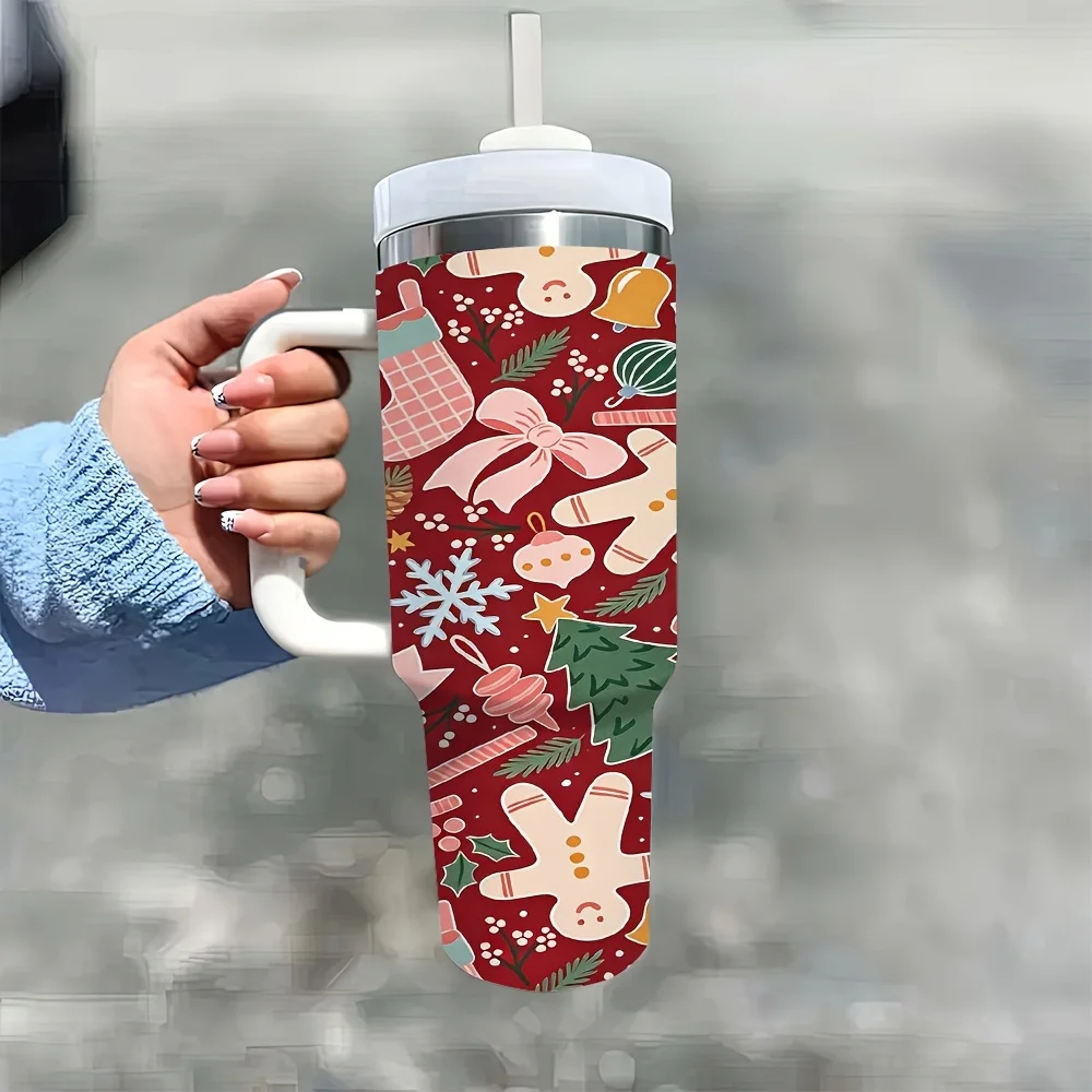 1ps Halloween and Christmas 40oz Stainless Steel Tumbler with Handle and Straw Lid, Xmas Gingerbread for Man Christmas Tree Snowflake Festive Print, Insulated Water Bottle for Home Office Outdoor Travel Camping Daily Holiday Drinking Use