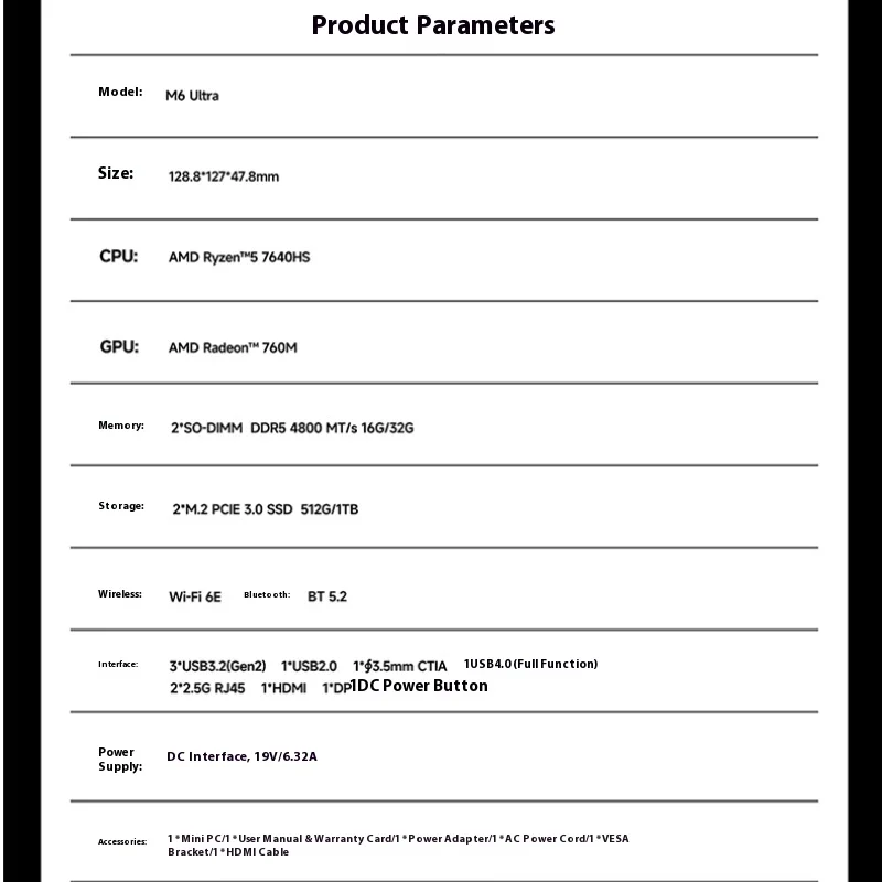GMKtec M6Ultra Mini PC AMD R5-7640HS com Radeon 760M Gráficos RAM 6/32/64GB ROM 256GB/512GB/1TB/2TB Bluetooth5.2 WIFI6 3A Jogo