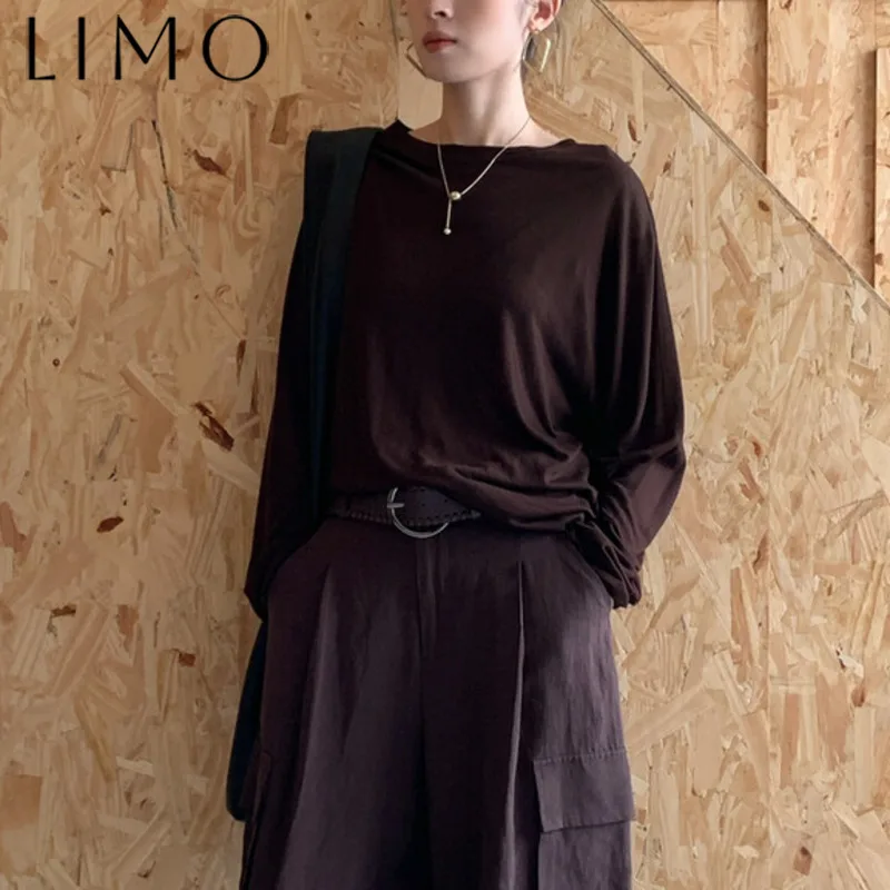 

LIMO Elegant Asymmetrical Long Sleeve Shirt - Slim Fit Pure Color Casual Daily Wear Lazy Loose Blouse Women 2025 Fashion Trend