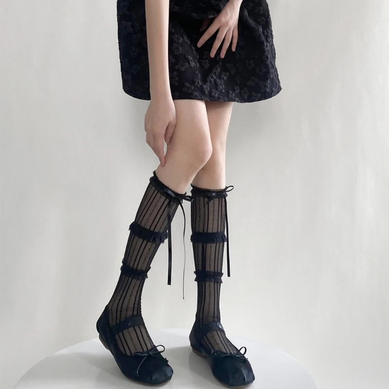 Womens Calf Socks, Sweet Girl Lace Ruffle Knee Socks Fashion Ladies Girl Princess Mesh Socks Japanese Stockings