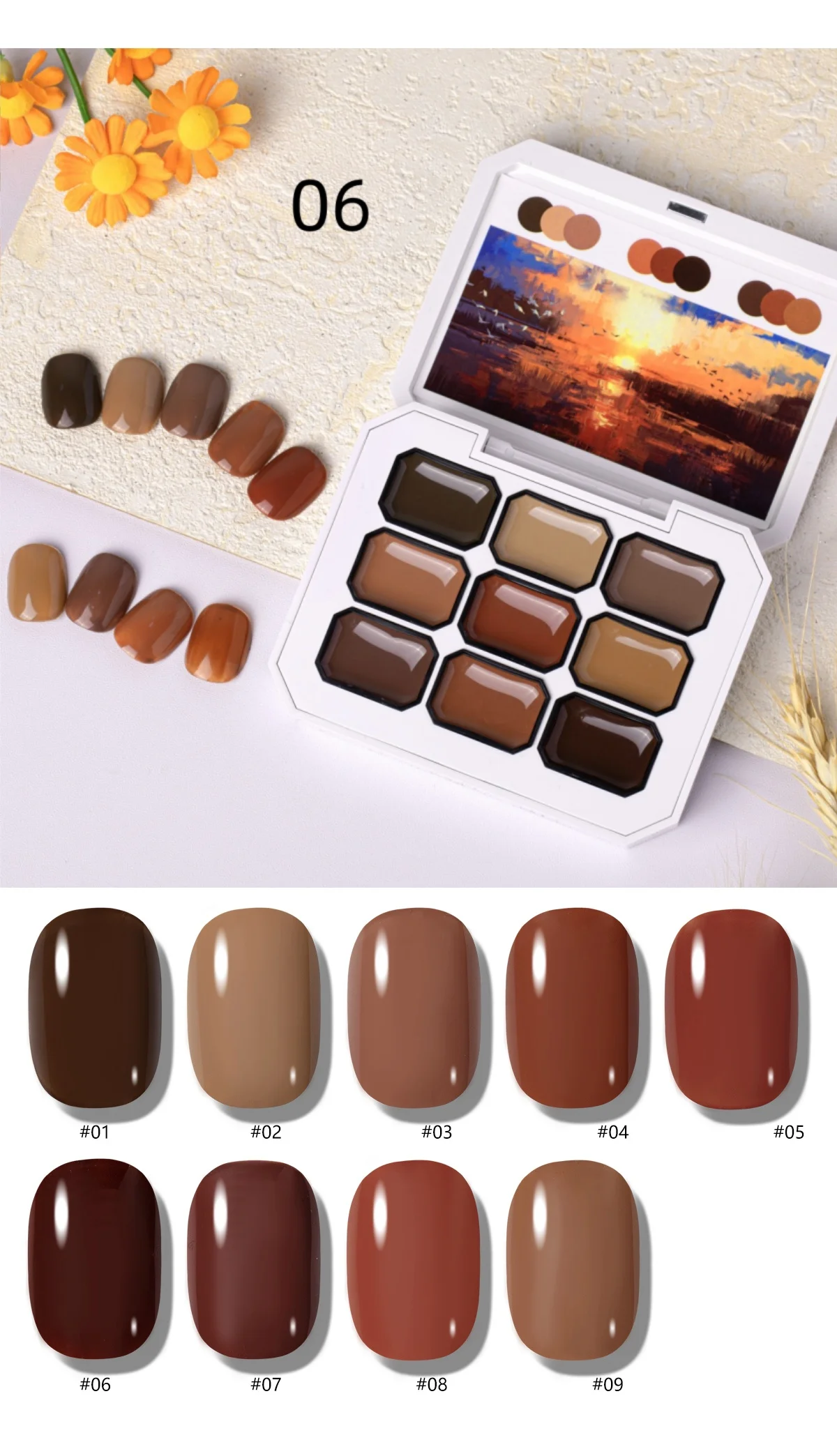 9 Farbtöne Retro Karamellbraun Solid Cream Gel Palette Sonnenuntergang Ölgemälde UV Soak Off Gel mit kostenlosem Nagelpinsel für Herbst-Winter Nagelstudio – Detail 6