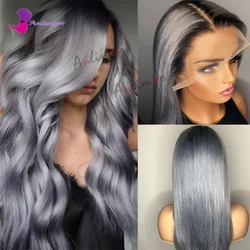 Ombre Grey Lace Front Wigs Human Hair Glueless Wigs Human Hair With Elastic Band Human Hair Wig Straight 13x4 Lace Front WIgs