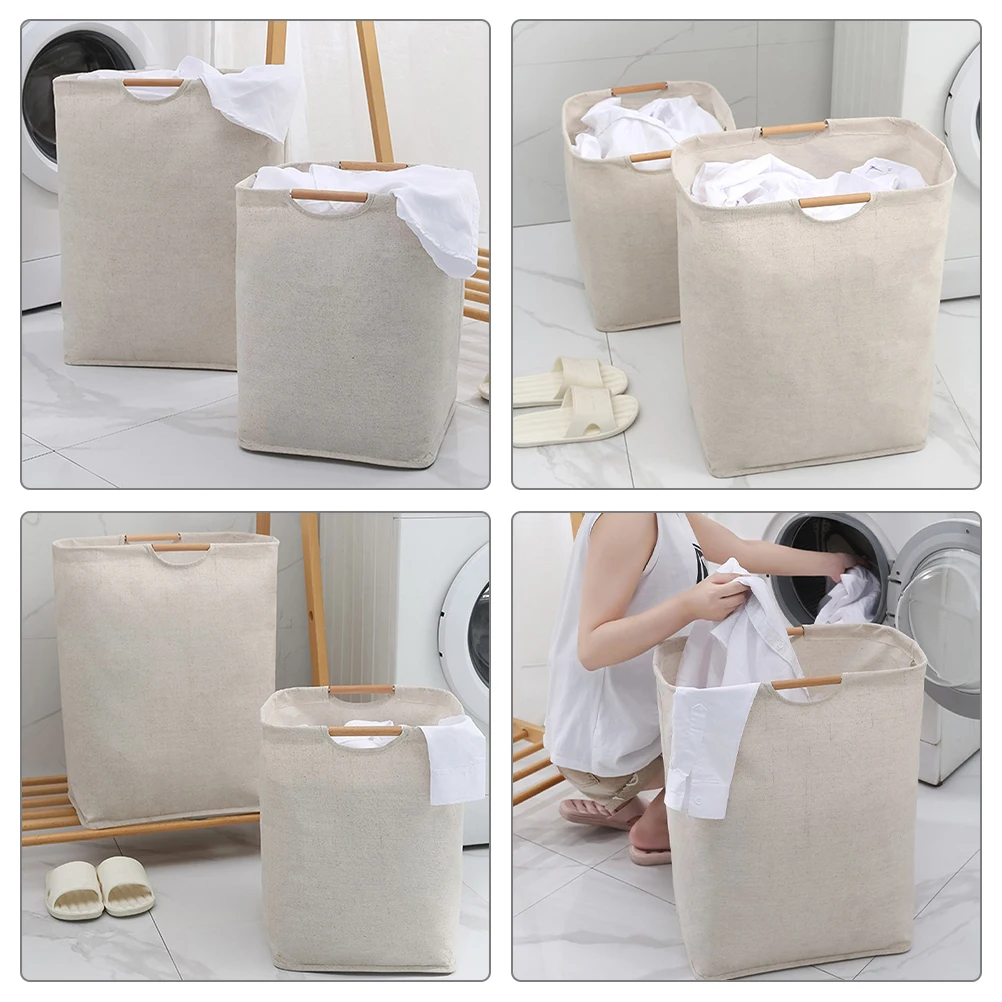 

2pcs Large Foldable Laundry Basket Wooden Handle Storage Holder For Home Dorm Bedroom Bathroom Storage Hamper Foldable Design
