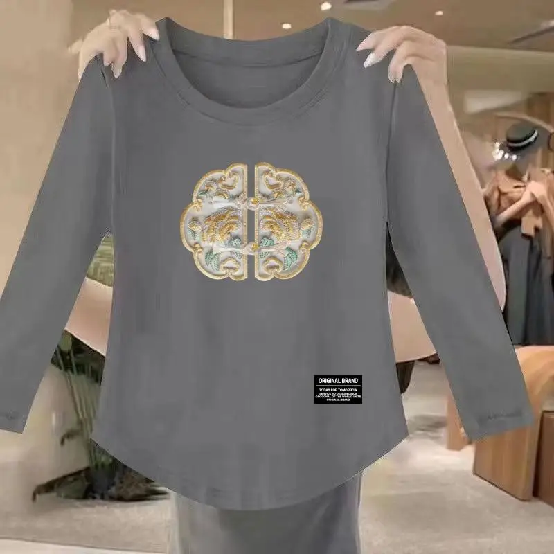 Long Sleeve T-Shirt for Elderly Women Comfortable Breathable Polyester round Neck Print Design Commuter Style Loose Fit