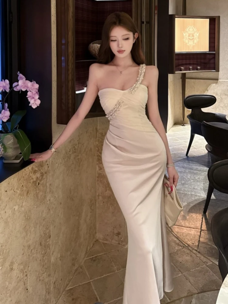 Elegant Diamond Embellished Mermaid Dress Slim Fit Shoulder Strap Evening Gown Sexy Classy Waist Cinched Bodycon Fish Tail Dress