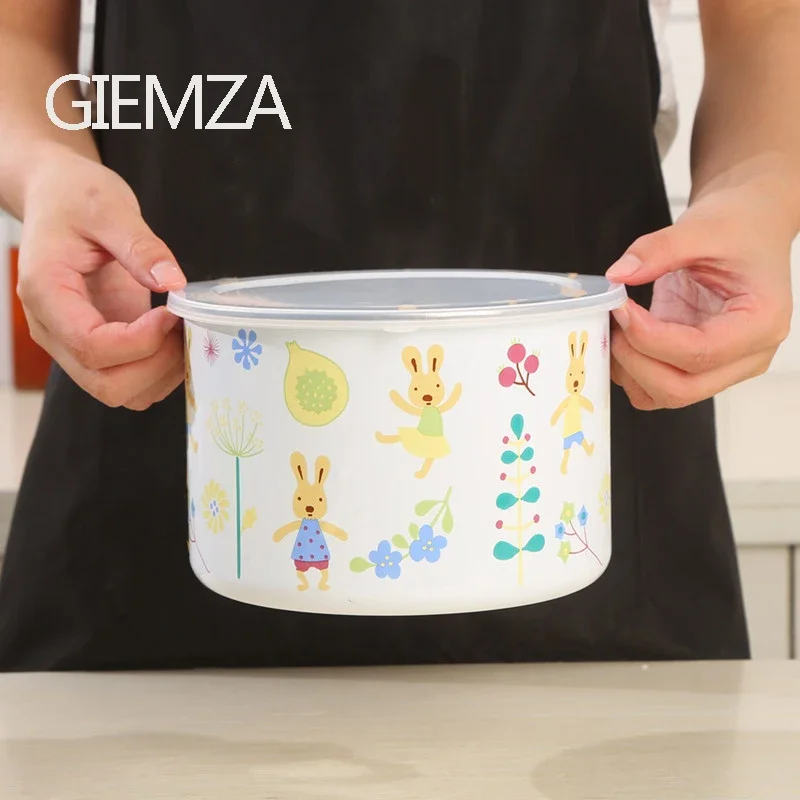 GIEMZA Enamel Bowl Set for Cook Large Capacity Bowl Salad Ice Small Pot with Lid Metal Jar Seal Food Container Cute Cartoons