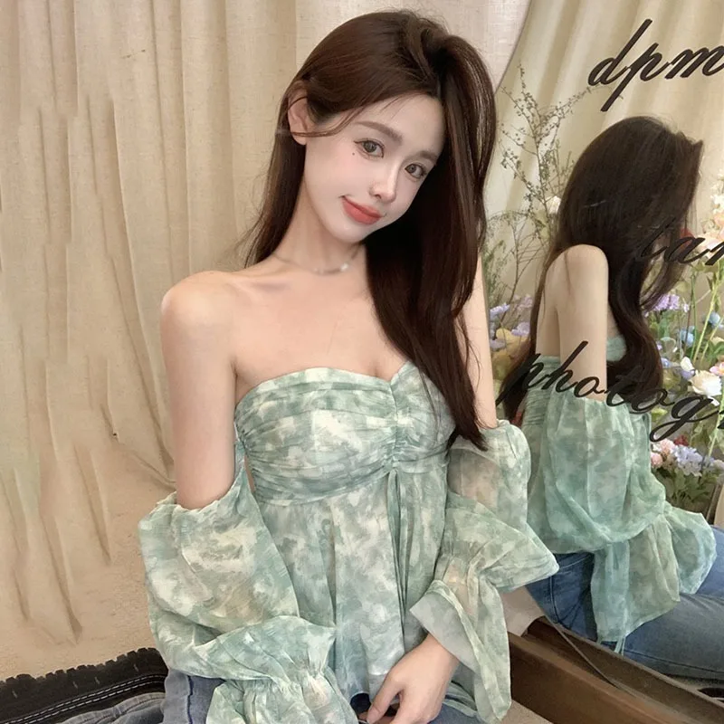 Elegant Countryside Leisure Style Sexy Off Shoulder Chiffon Shirt One Shoulder Fragmented Flower Top Hanging Neck Sling Top