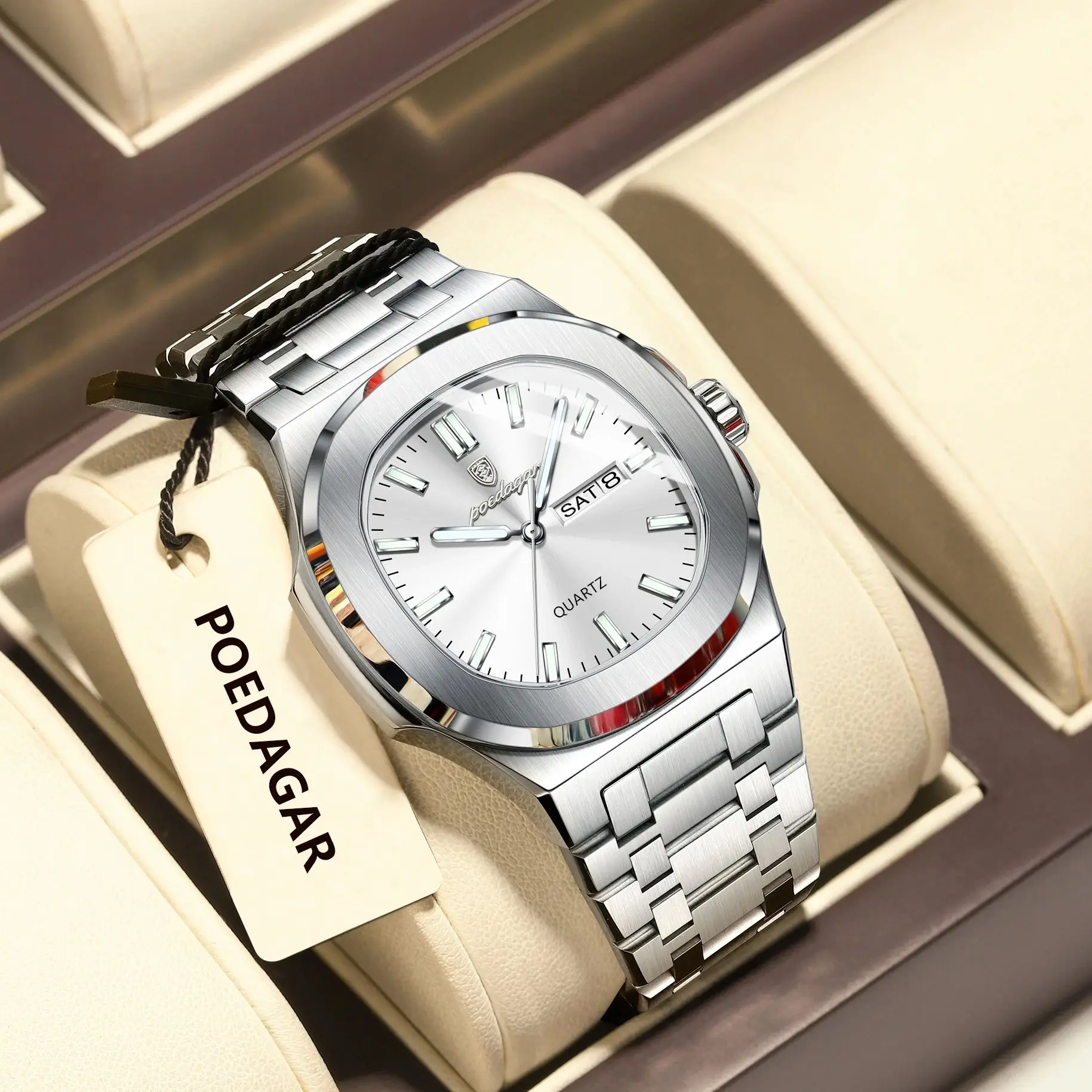 POEDAGAR Trendy Square Men's Watches Waterproof Luminous Date Week Man Clock Stainless Steel Exquisite Quartz Men Wristwatch+Box