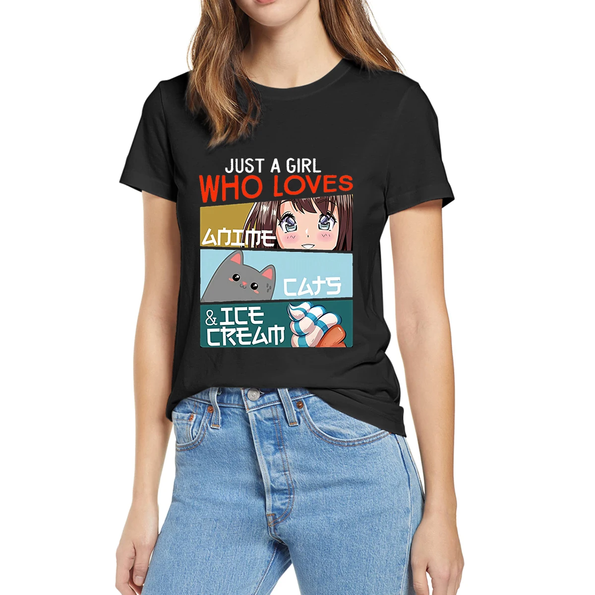 

100% Cotton Just A Girl Who Loves Anime Japanese Kawaii Cartoon Cute Gift Harajuku Summer Women Casual Novelty T-Shirt Loose Tee