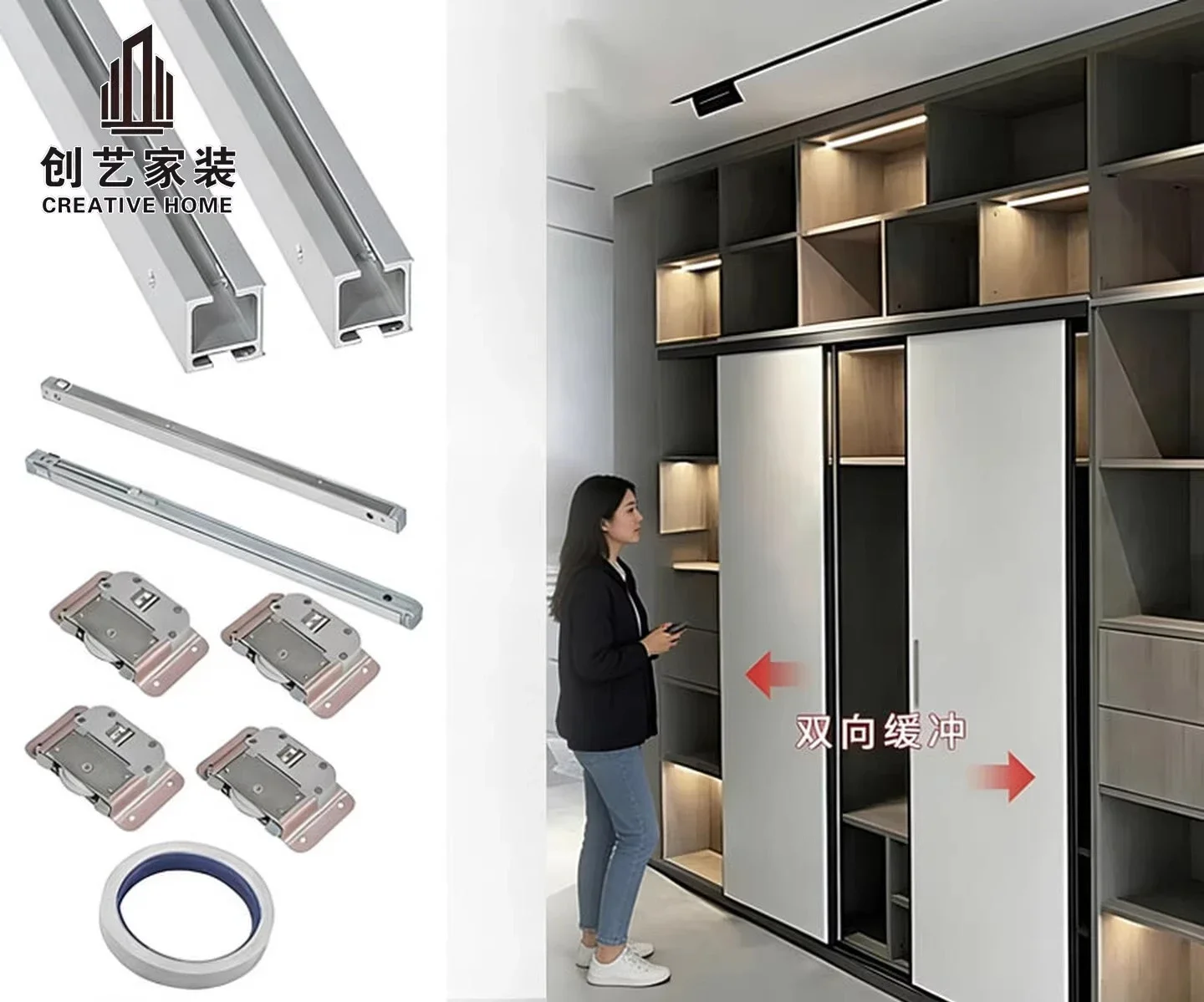 Jishi TV cabinet, bookcase, slide rail, living room, kitchen, double buffer, slotting-free, external hanging door track, push-pu view 4