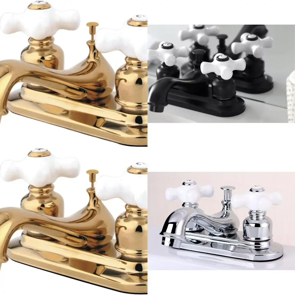 

4 Centerset Lavatory Faucet with Porcelain Cross Handle, Polished Brass Finish
