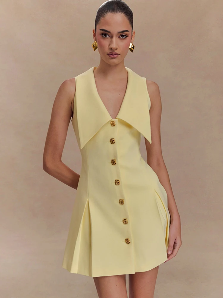 

Oniflyme Sexy V-Neck Sleeveless Mini Dress Women Fashion Patchwork Single Breasted A-Line Short Dresses Lady Partywear Robes