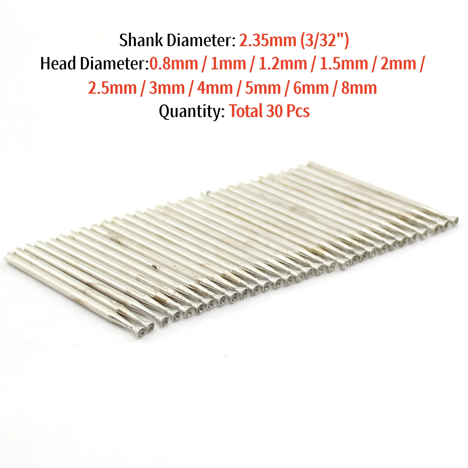 30Pcs Diamond Grinding Burr Bits Spherical Concave 0.8-8mm Lapidary Burr Set for Jewelry Glass Stone Carving 2.35mm Shank