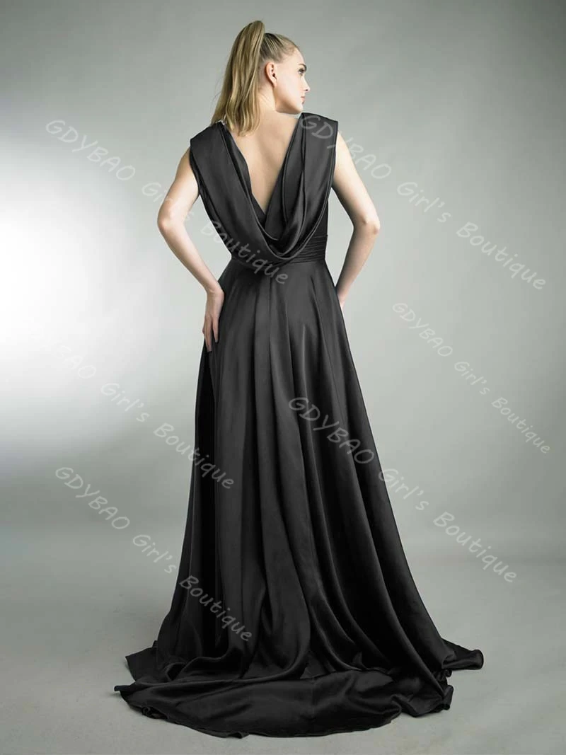 ชุดราตรีผ้าซาตินจับจีบหรูหราสำหรับผู้หญิง คอวีคู่ ผ้าคลุมหลัง ชุดออกงานพร้อมชายกระโปรงผ่าแบบแปรง สามารถสั่งตัดได้