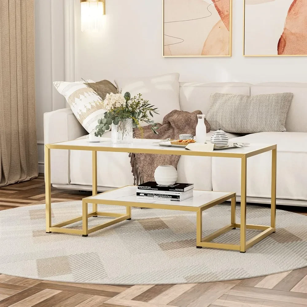 Moderno Conjunto De Mesa De Café Em Mármore, 2 Mesa Lateral Com Moldura De Metal Dourado E Prateleira De Armazenamento, Conjuntos De Mesa De Sala De Estar, 3 PCs