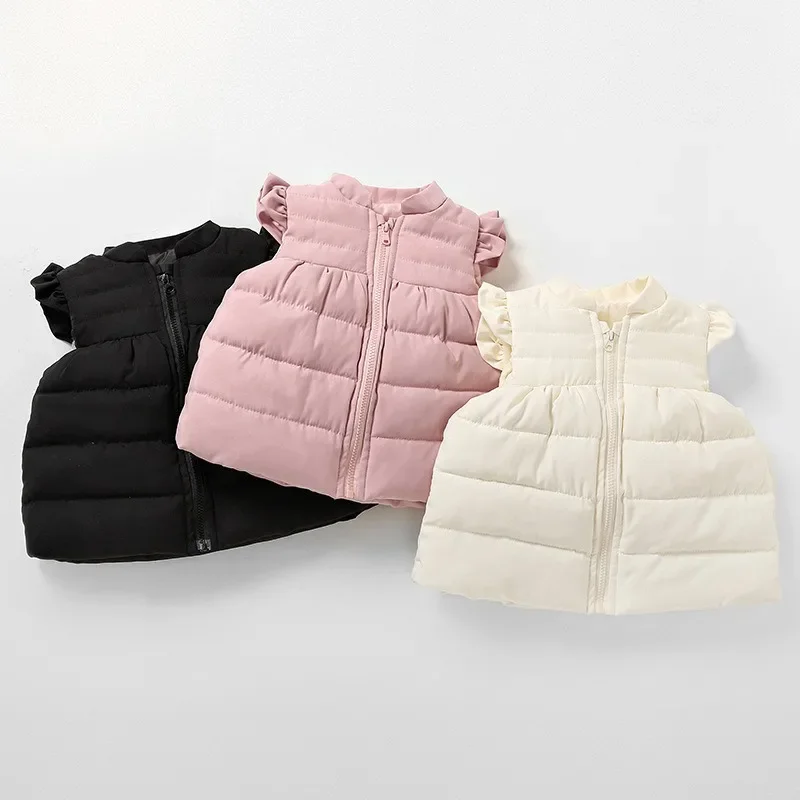 Girls Autumn Spring Vest 2-6Y Baby Thicken Warm Top Clothes Children Ruffle Outside Vest Baby Cotton Padded Long Waistcoat Coats