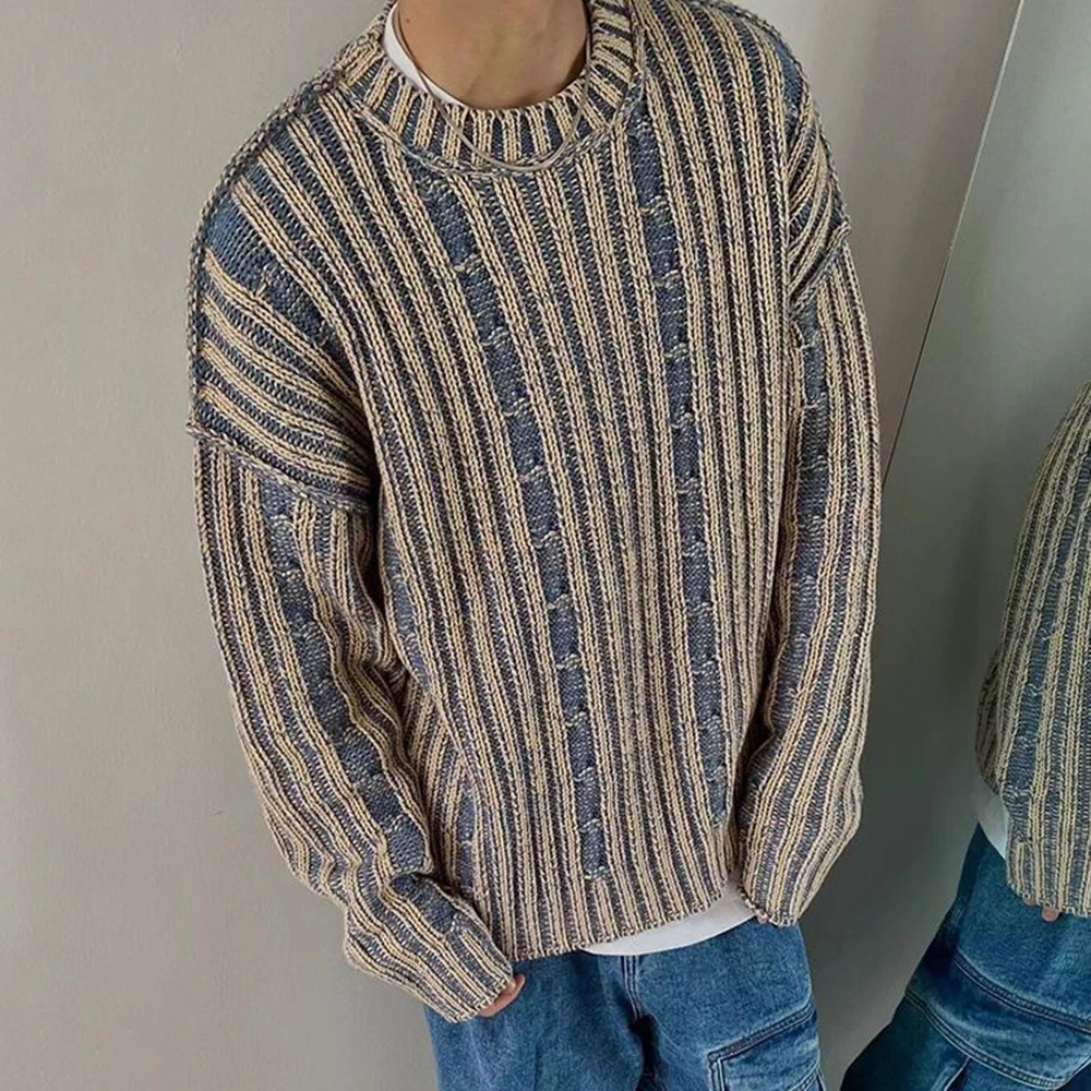 Mens Casual Color-Blocked Striped Distressed Knitted Sweater Genderless 2024 New Fashion Personalized Twist New Product Unisex