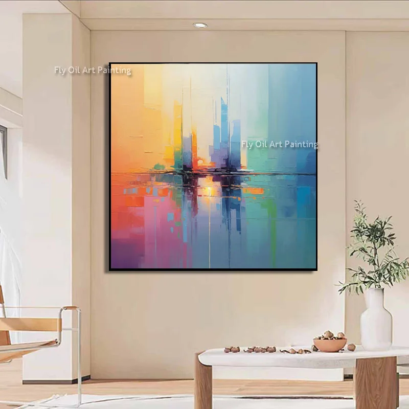 Square Impasto Abstract Oil Painting, Hand-Painted Gradient Urban Reflection Art, Bright Modern Interior Wall Decor