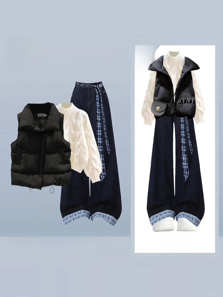 

Winter Warm Loose Women's Cotton Jaet Vest High Collar Sweater Straight Leg Jeans Tee Piece Set Faionable Comfortable S...