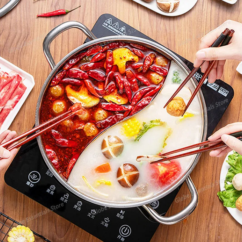30cm Stainless Steel Twin Divided Double Pot Hotpot Cooker Gas Stove Compatible  Chinese Hot Kitchen Soup Cooking