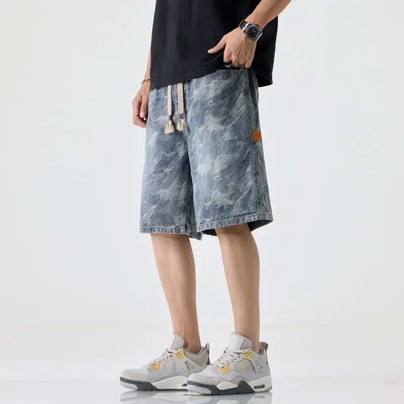 

Американские повседневные джинсовые шорты для мужчин, лето 2029, тонкие стильные модные камуфляжные свободные прямые повседневные брюки среднего размера с пятью точками