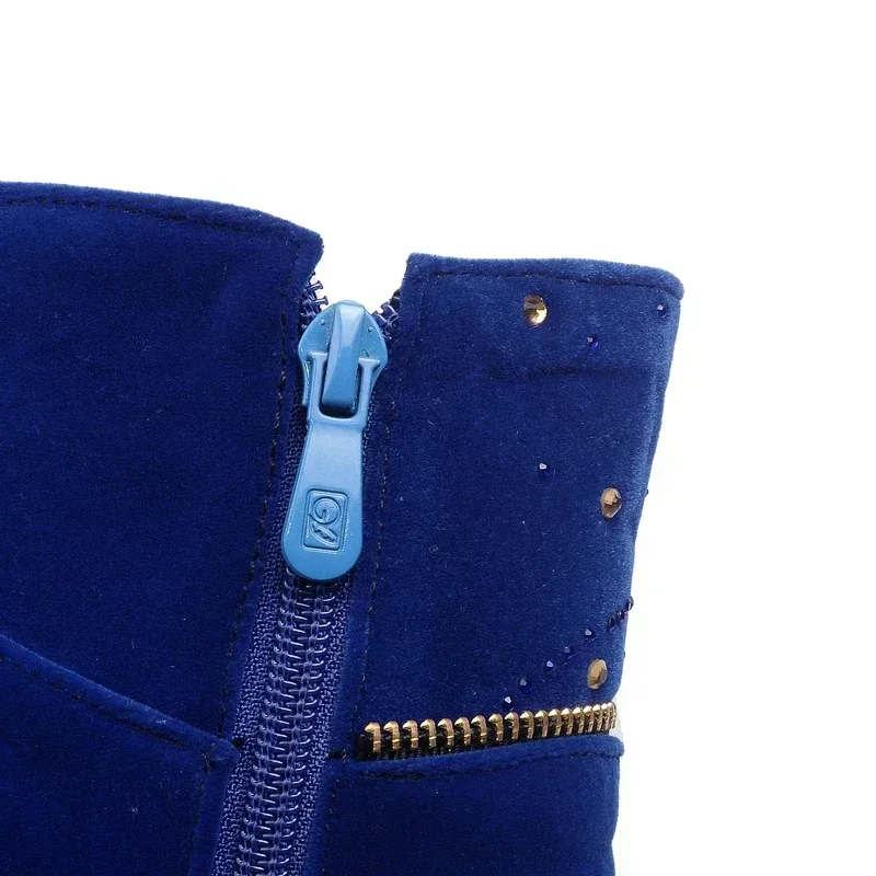 Fashion Women Stiletto Ankle Boots Blue Red Black Flock Rhinestone High Chunky Heels Party Dress Lady Winter Zipper Short Boots