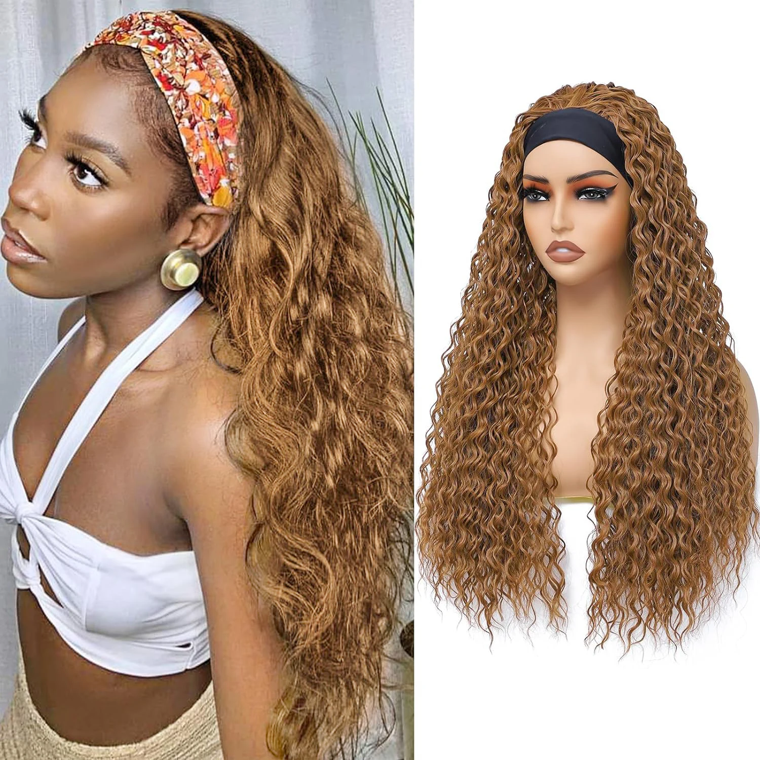 Headband Wig Curly Syntheic Wigs for Women Water Wave 180% Density Synthetic Glueless Half Wigs with Headbands Attached