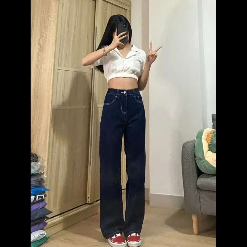 جينز متين فضفاض غير رسمي بنطال ذو قصة أرجل واسعة سروال مستقيم أساسي عالي الخصر موضة النساء 2025 خريف شتاء ملابس الشارع الشهير جينز للسيدات