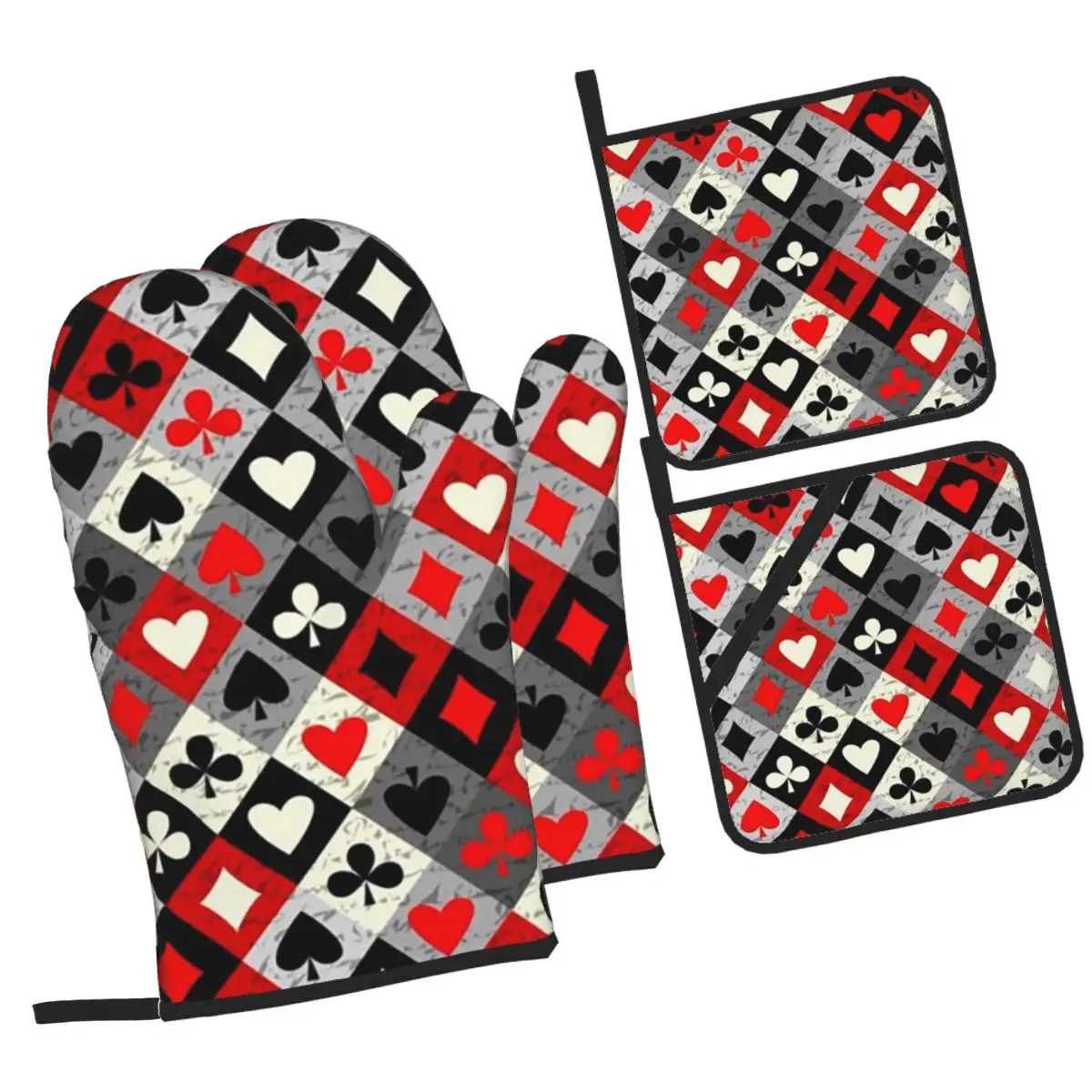 Playing Cards Poker Print Oven Mitts and Pot Holder Sets of 4 for Baking Kitchen Cooking BBQ Resistant Non-Slip Gloves
