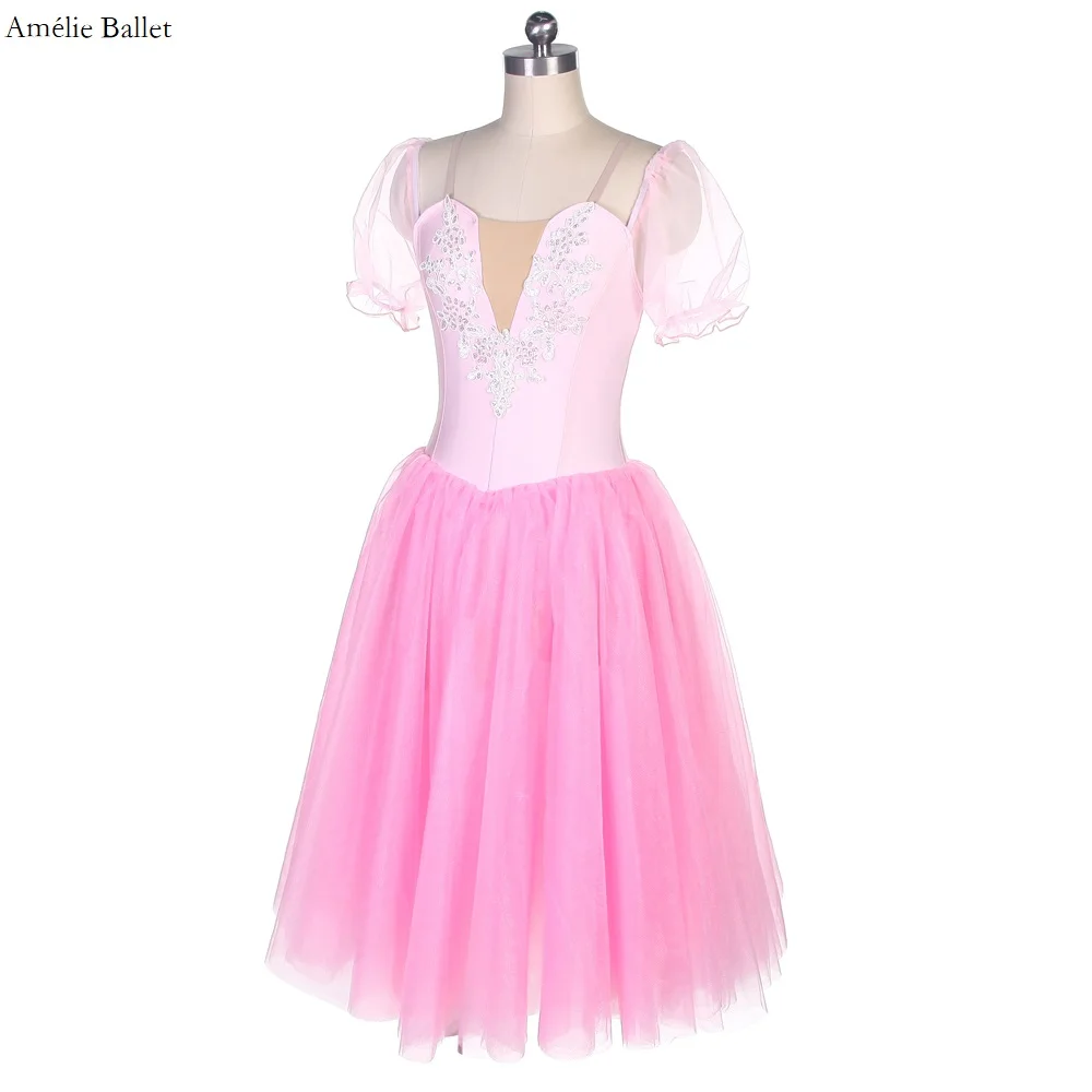 19024 جديد الوردي دنة صد نفخة الأكمام الزهور البيضاء تقليم الفتيات l والنساء فستان رقص الباليه رومانسية فستان طويل الباليه #4