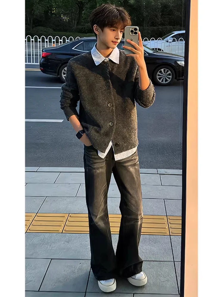 

Bla Waed Lightning Pattern Men's Jeans American Retro Sle Straight Leg Trousers CleanFit Cool Micro Flare Long Pants