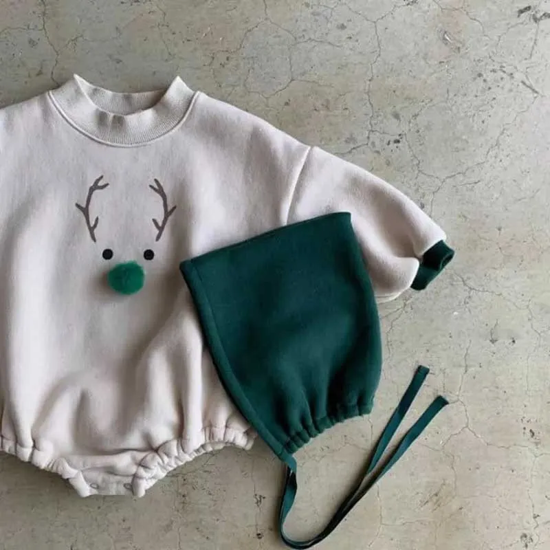 Autumn Winter Christmas Clothes Newborn Boy Baby Deer Antler Print Long Sleeve Bodysuit Girl Infant Cotton Thick Onesie+Cap 2pcs