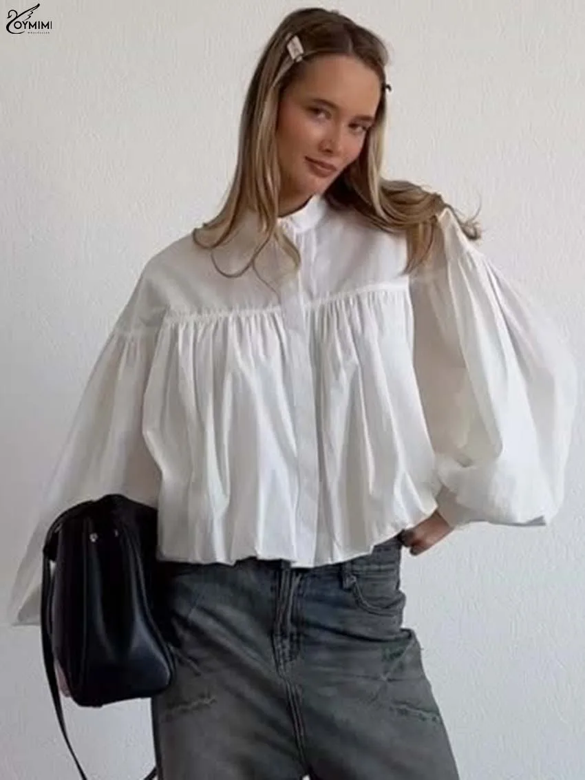 Oymimi Fashion White Loose Women's Shirt Summer O-Neck Puff Sleeve Single Breasted Shirts Casual Pleated Solid Blouse Streetwear