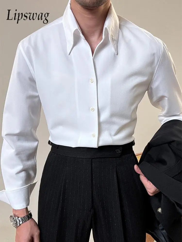 Elegante masculino cor sólida camisas finas primavera casual botão-up turn-down colarinho camisa de manga longa masculino outono vintage cardigan topos