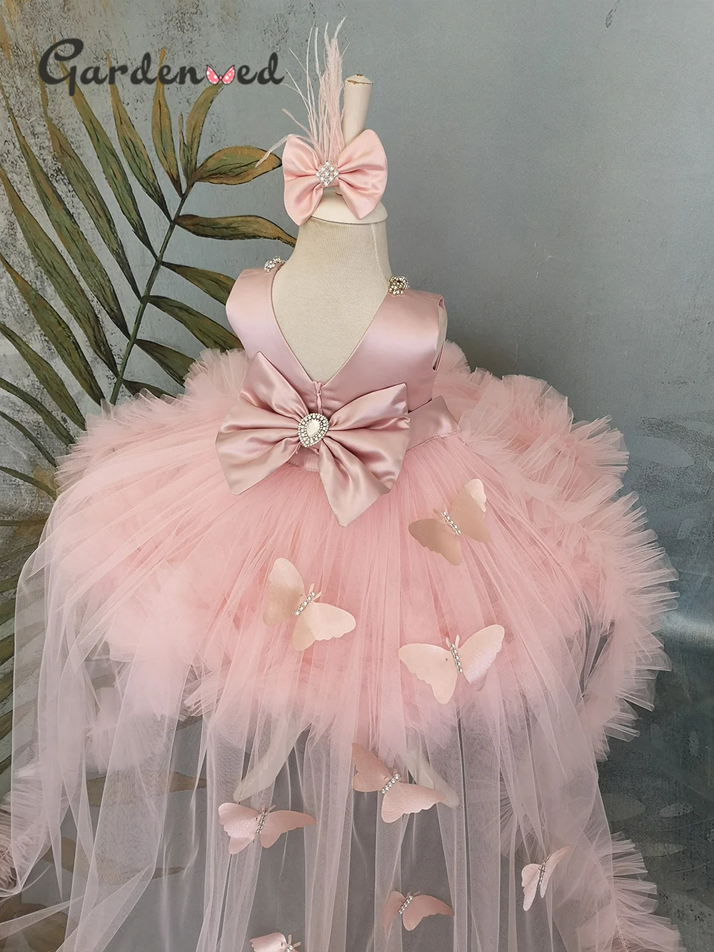 Puffy Girl Dress Pink Baby Dress con Train Flower Girl Dress Bow Cute Kid children's Child Birthday Dresses Frist comunione