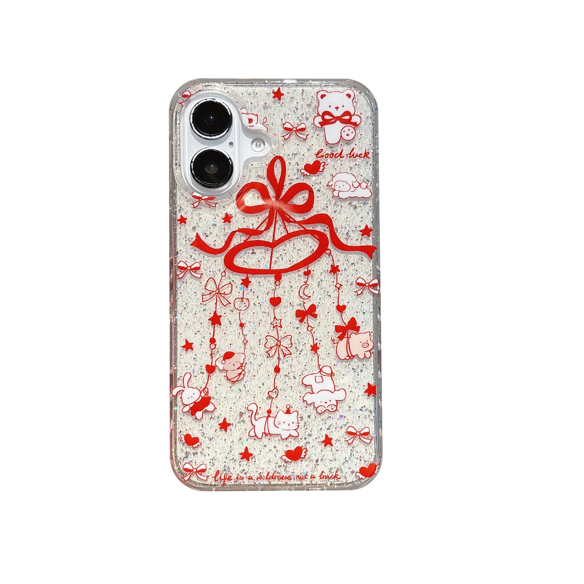 바람 종소리 동물 빨간색 활 넥타이 아트 반짝이 투명 전화 케이스, 아이폰 16 15 14 13 프로 맥스 케이스, 귀여운 럭셔리 만화 커버