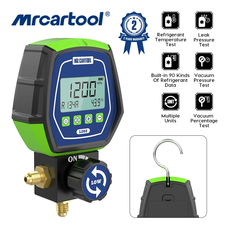 MRCARTOOL L202 Air Conditioner Refrigerant Leak Tester Pressure Gauge Kit HVAC Vacuum Temperature Tester Digital Manifold Meter