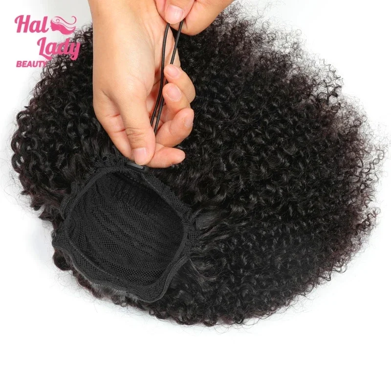 Afro Kinky Curly Drawstring Ponytail Human Hair Extensions Pony Tail Clip in Hairpiece For Black Woman Dark Brown Brazilian Remy