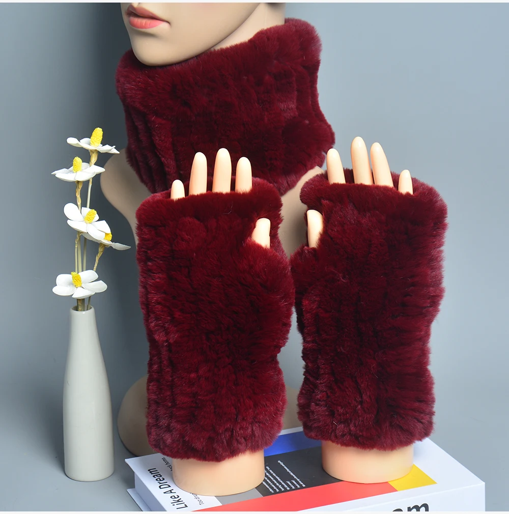 One Set Women Real Rex Rabbit Fur Cuff+Headband Winter Warmer Hat Arm Wrist Sleeve Gloves Female Real Fur Cap+Elastic Wristband