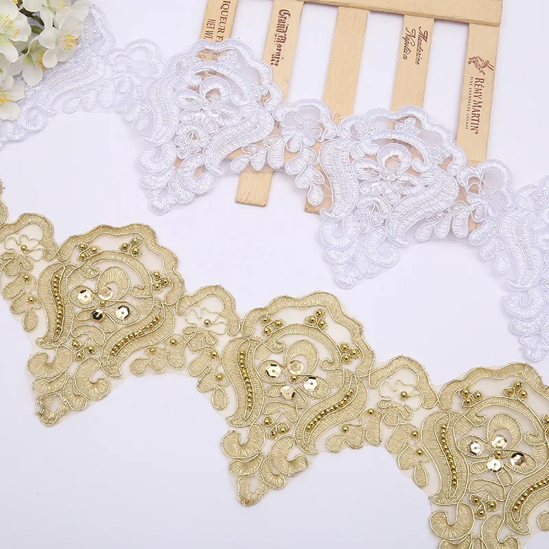 15Yards Sequin Lace Flower Gold White Applique Trims Handmade DIY Material Wedding Clothing Applique Triming