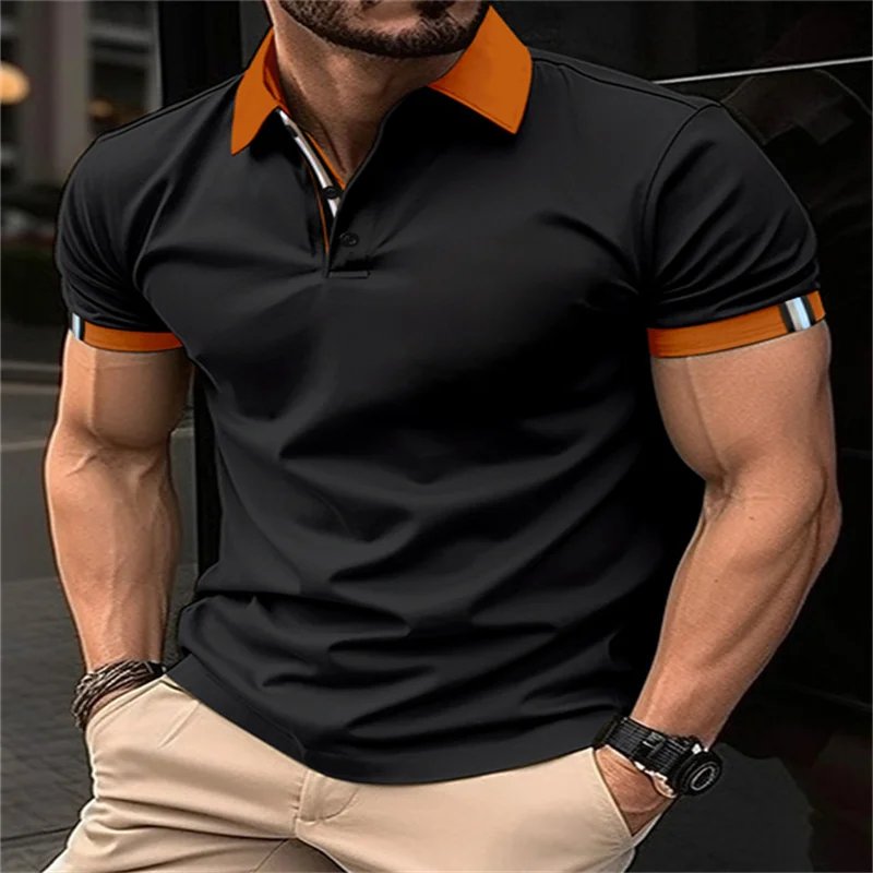 Camisa polo respirável e confortável monocromática masculina, lapela casual empresarial, blusa manga curta, roupa da moda versátil na rua, verão