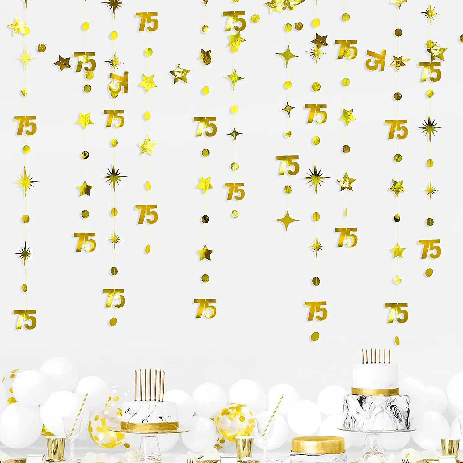 Gold Happy 75th Birthday Decoration Number 75 Circle Dot Twinkle Star Garland Hanging Streamer Backdrop for 75 Year Old Birthday