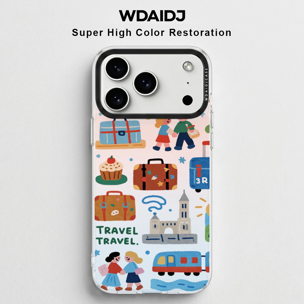 

Cute Travel Themed Print Clear Phone Case for iPhone 13 14 15 16 17 Cartoon Pattern Anti Yellow Shockproof Protective Cover