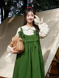 Vintage Green Corduroy Suspender Dress Women Japanese Kawaii Lolita Doll Collar Shirt Dress Set Lace-up High Waist Party Vestido