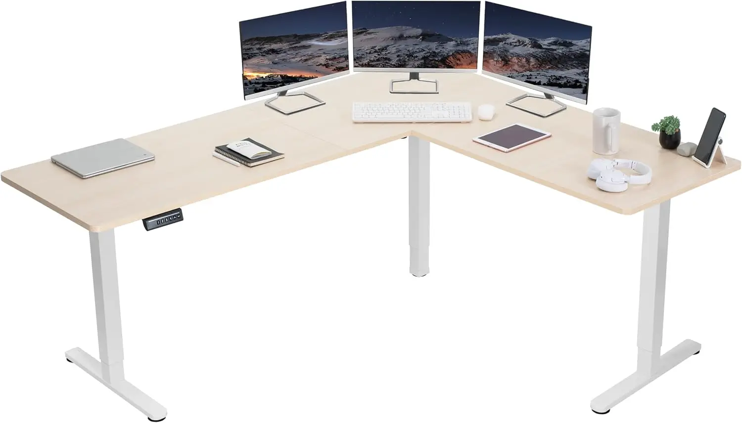 Power corner L-shaped 75 x 63 inch standing desk with adjustable height, memory controller, light wood top white frame